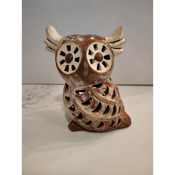 Owl Ceramic Gray & Brown Glazed Incense Tea Light Candle Holder 5 1/2" - Picture 1 of 10